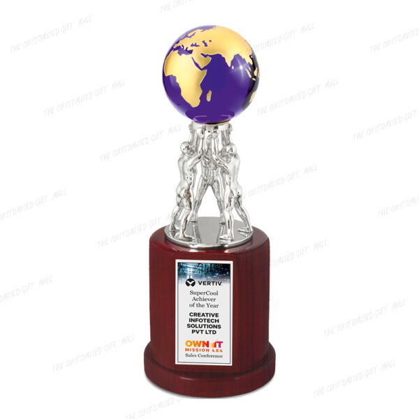 Celebrating Unity, Global Vision, and the Power of Collaboration - Globe Teamwork Trophy with Premium Blue Crystal on Wooden Base (13.5 Inch)