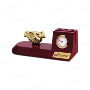 The Gold Handshake Desk Organizer with Customizable Clock (190mm x 75mm x 75mm)