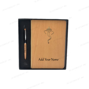 A Perfect Blend of Tradition, Elegance, and Personalization - Lord Ganesh Wooden Diary & Pen Combo Set With Custom Name