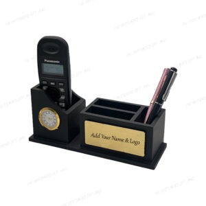 Wooden Desk Organizer with Clock, Mobile & Pen Stand, and Visiting Card Holder – Sleek Black Multi-Functional Office Accessory