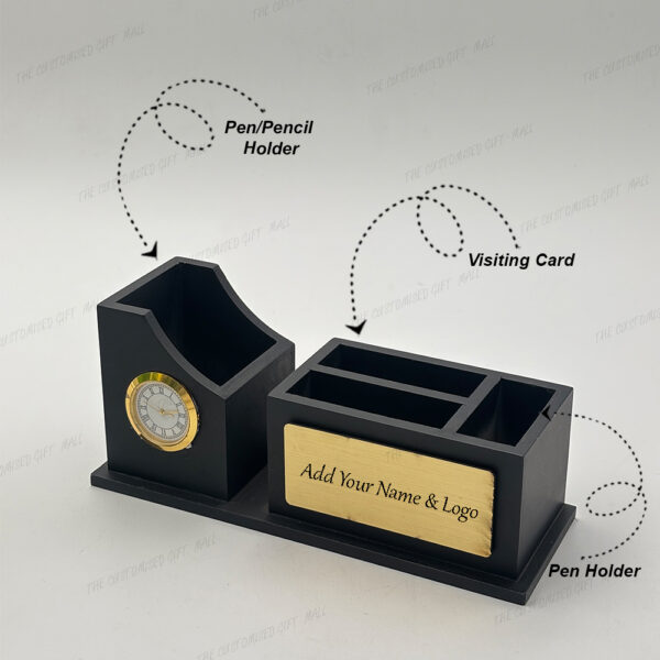 Wooden Desk Organizer with Clock, Mobile & Pen Stand, and Visiting Card Holder – Sleek Black Multi-Functional Office Accessory - Image 2