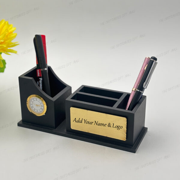 Wooden Desk Organizer with Clock, Mobile & Pen Stand, and Visiting Card Holder – Sleek Black Multi-Functional Office Accessory - Image 3