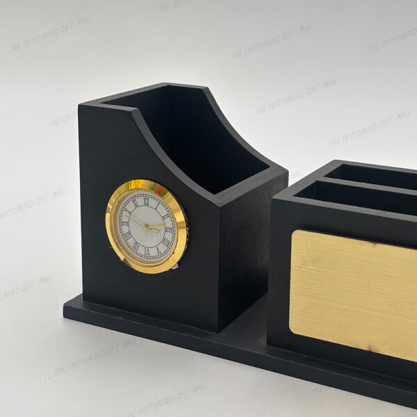 Wooden Desk Organizer with Clock, Mobile & Pen Stand, and Visiting Card Holder – Sleek Black Multi-Functional Office Accessory - Image 4