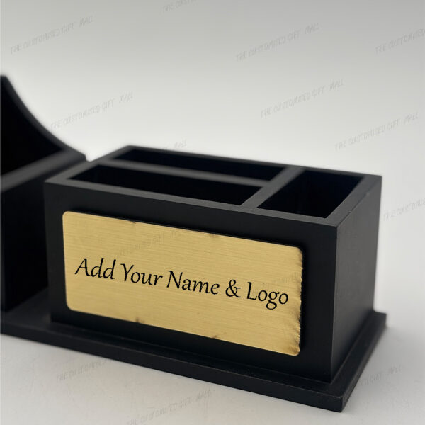 Wooden Desk Organizer with Clock, Mobile & Pen Stand, and Visiting Card Holder – Sleek Black Multi-Functional Office Accessory - Image 5