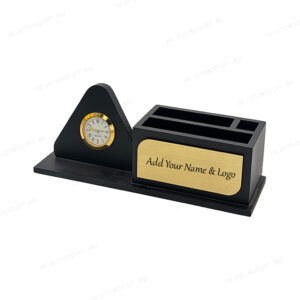 Personalized Matte Black Pen Holder with Clock & Mobile Stand – Premium Desk Organizer for Office & Corporate Gifting