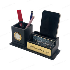Jovial Wooden Pen Stand with Clock, Mobile Stand, and Card Holder – Black Desktop Organizer with Custom Name (20.2 cm Width)