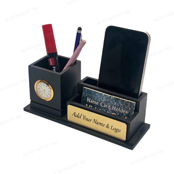 Jovial Wooden Pen Stand with Clock, Mobile Stand, and Card Holder – Black Desktop Organizer with Custom Name (20.2 cm Width)