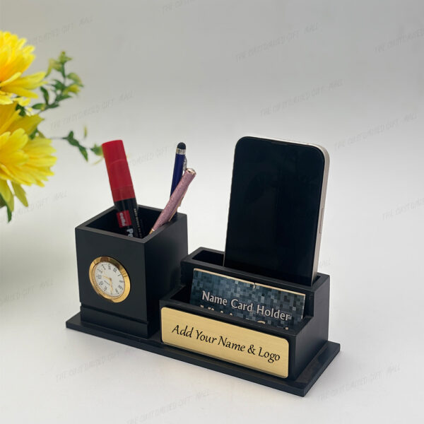Jovial Wooden Pen Stand with Clock, Mobile Stand, and Card Holder – Black Desktop Organizer with Custom Name (20.2 cm Width) - Image 3