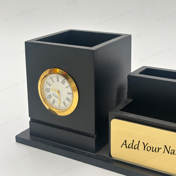 Jovial Wooden Pen Stand with Clock, Mobile Stand, and Card Holder – Black Desktop Organizer with Custom Name (20.2 cm Width) - Image 4