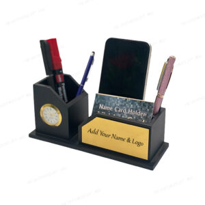 Jovial 4-Compartment Wooden Desk Organizer – Black Pen Stand with Clock, Mobile Holder & Visiting Card Slot with Custom Branding