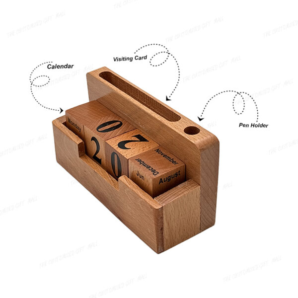 Jovial Wooden Desk Organizer with Perpetual Calendar, Visiting Card Holder And Pen Holder - Image 2