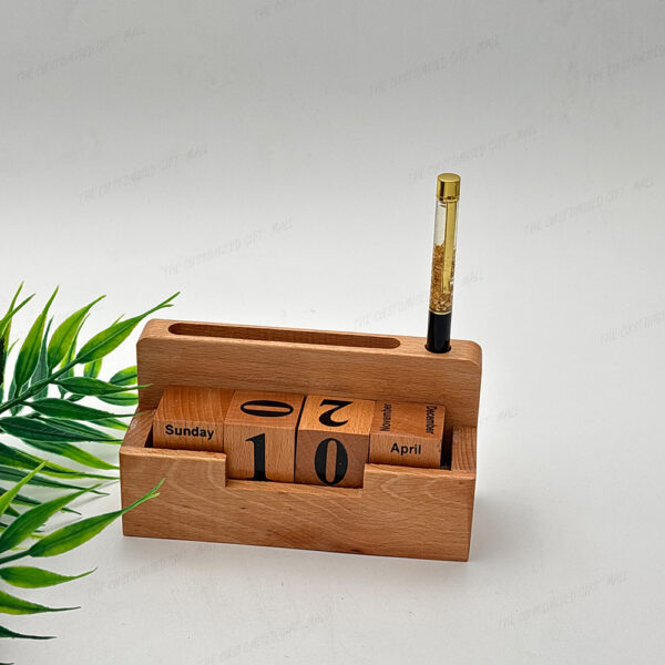 Jovial Wooden Desk Organizer with Perpetual Calendar, Visiting Card Holder And Pen Holder - Image 3