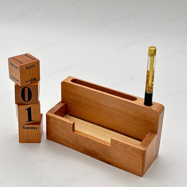 Jovial Wooden Desk Organizer with Perpetual Calendar, Visiting Card Holder And Pen Holder - Image 4