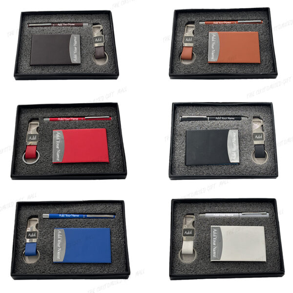 Custom Name Gift Set – Leather Card Holder, Matte Finish Pen & Bottle Opener Keychain