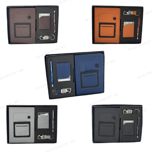 4-in-1 Premium Corporate Gift Set with Company Branding – Leather Diary, Matte Finish Pen, Opener Keychain & Upper-Opening Card Holder
