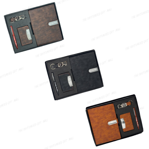Customized with Company Name & Logo - 4-in-1 Corporate Premium Gift Set with Leather Diary, Glossy Pen, Opener Keychain & Card Holder