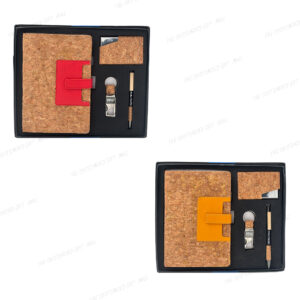 Branded 4-in-1 Cork Gift Set – Leather Diary (Red & Orange Pocket), Pen, Opener Keychain & Card Holder