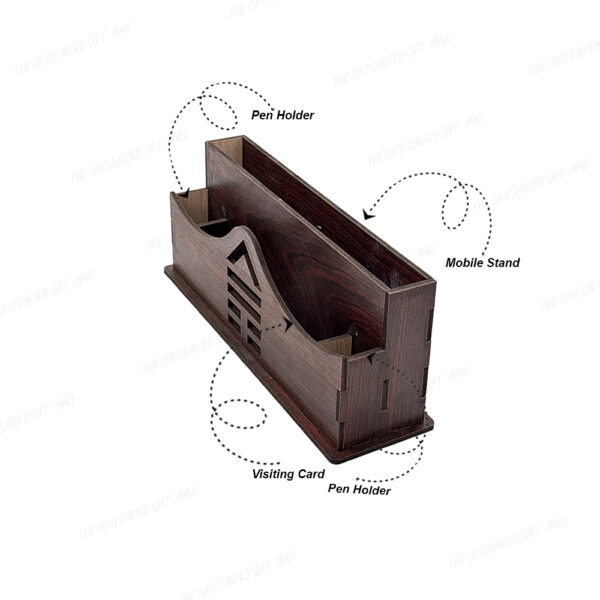 Jovial Sub Wooden Desk Organizer, Pen Stand with Mobile and Visiting Card Holder, Brown, 22.4 x 9.4 x 7.5 cm - Image 2