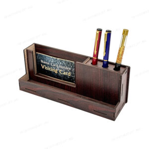 Wooden Desk Organizer, Brown Business Card Holder with Pen Stand, 4 Compartments, Office Desktop Storage