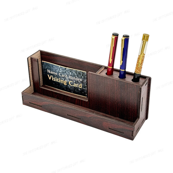 Wooden Desk Organizer, Brown Business Card Holder with Pen Stand, 4 Compartments, Office Desktop Storage