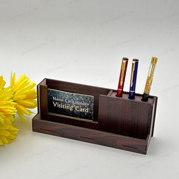 Wooden Desk Organizer, Brown Business Card Holder with Pen Stand, 4 Compartments, Office Desktop Storage - Image 3