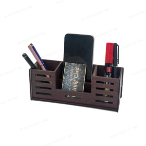 Wooden Desk Organizer, 4-Compartment Pen Stand with Mobile, Remote and Visiting Card Holder, Brown