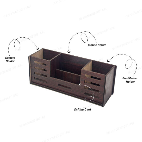 Wooden Desk Organizer, 4-Compartment Pen Stand with Mobile, Remote and Visiting Card Holder, Brown - Image 2