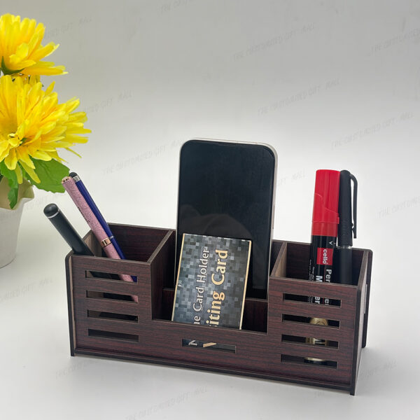 Wooden Desk Organizer, 4-Compartment Pen Stand with Mobile, Remote and Visiting Card Holder, Brown - Image 3