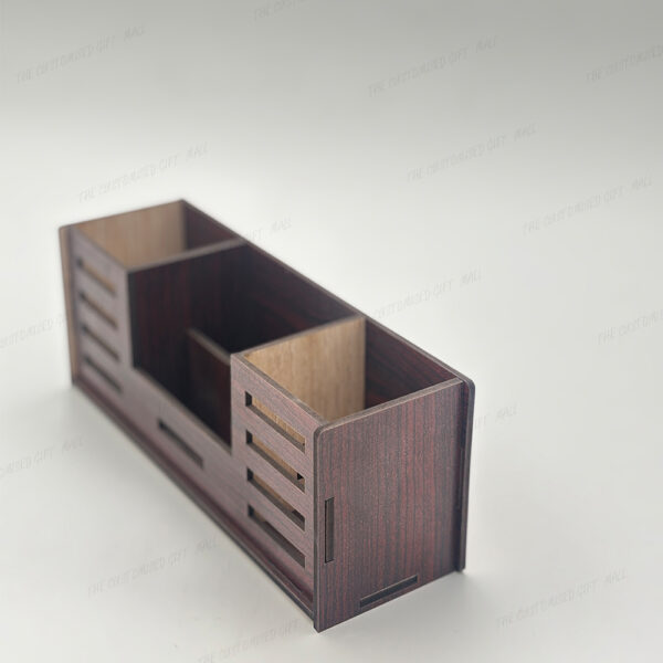 Wooden Desk Organizer, 4-Compartment Pen Stand with Mobile, Remote and Visiting Card Holder, Brown - Image 4