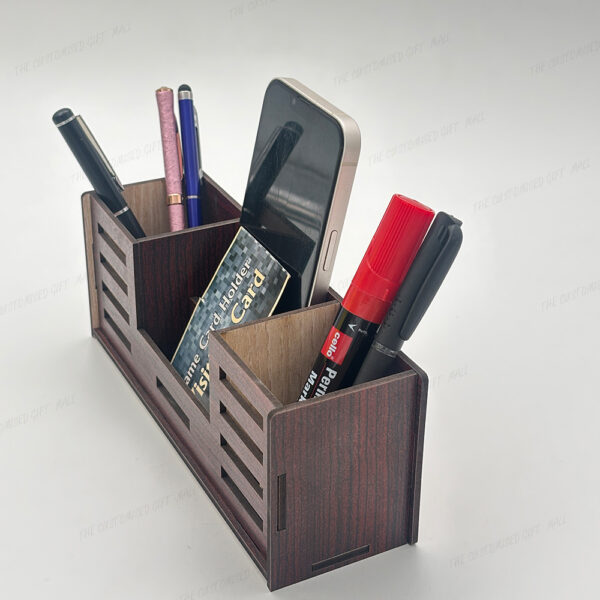 Wooden Desk Organizer, 4-Compartment Pen Stand with Mobile, Remote and Visiting Card Holder, Brown - Image 5