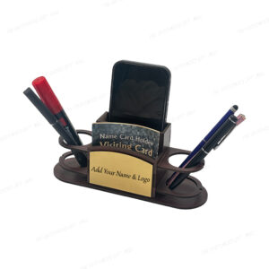 Wooden Desk Organiser, Pen Stand with Mobile Phone Holder and Visiting Card Holder, Brown