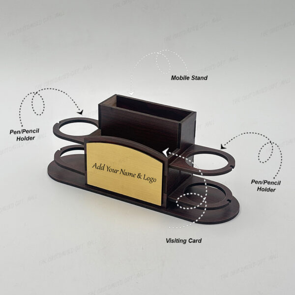 Wooden Desk Organiser, Pen Stand with Mobile Phone Holder and Visiting Card Holder, Brown - Image 2