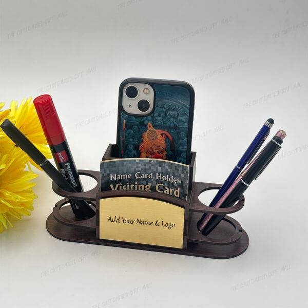 Wooden Desk Organiser, Pen Stand with Mobile Phone Holder and Visiting Card Holder, Brown - Image 3