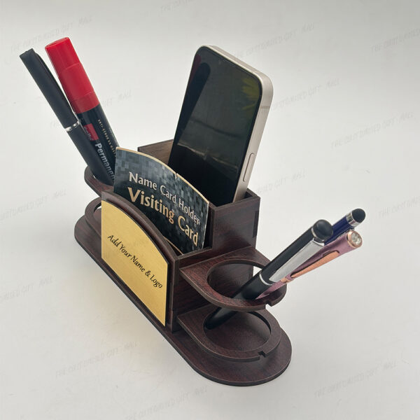 Wooden Desk Organiser, Pen Stand with Mobile Phone Holder and Visiting Card Holder, Brown - Image 4