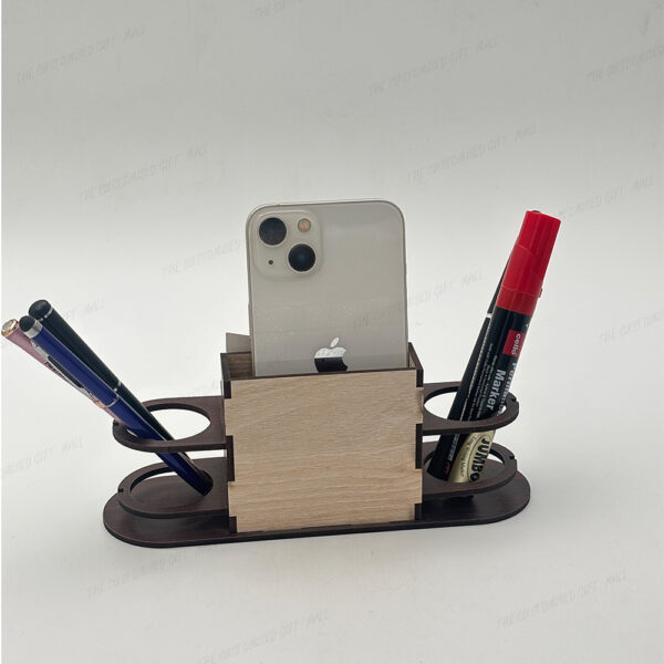 Wooden Desk Organiser, Pen Stand with Mobile Phone Holder and Visiting Card Holder, Brown - Image 5