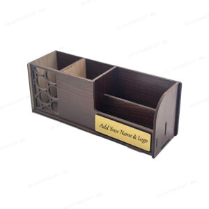 Wooden Desk Organizer, 4 Compartments with Mobile Stand and Business Card Holder Pen Stand, 21.6 x 9.4 x 7.5 cm