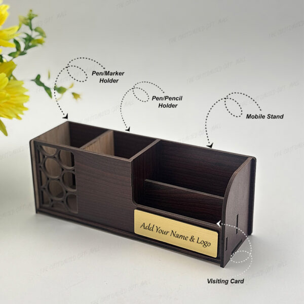 Wooden Desk Organizer, 4 Compartments with Mobile Stand and Business Card Holder Pen Stand, 21.6 x 9.4 x 7.5 cm - Image 2