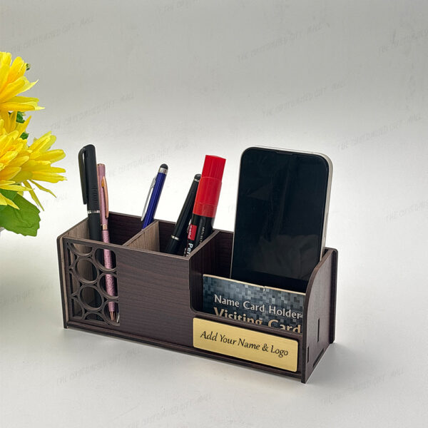 Wooden Desk Organizer, 4 Compartments with Mobile Stand and Business Card Holder Pen Stand, 21.6 x 9.4 x 7.5 cm - Image 3