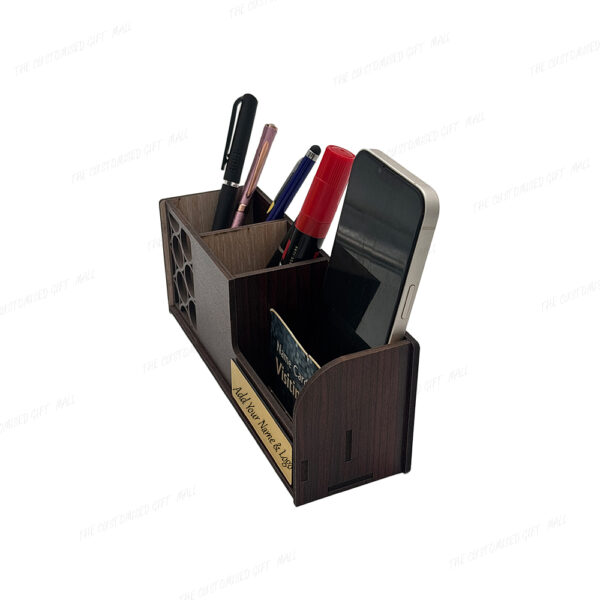 Wooden Desk Organizer, 4 Compartments with Mobile Stand and Business Card Holder Pen Stand, 21.6 x 9.4 x 7.5 cm - Image 4