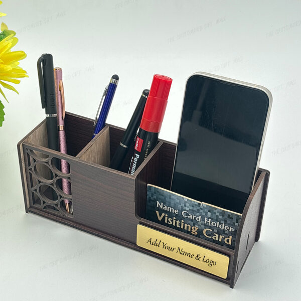 Wooden Desk Organizer, 4 Compartments with Mobile Stand and Business Card Holder Pen Stand, 21.6 x 9.4 x 7.5 cm - Image 5