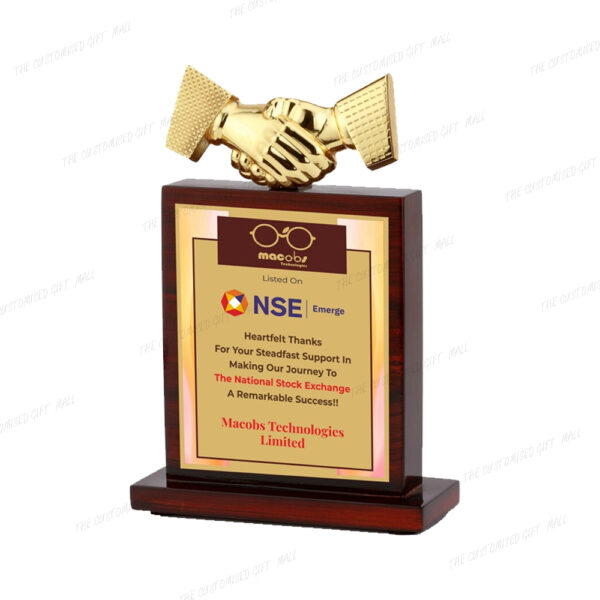 A Symbol of Trust and Collaboration - Handshake Partnership Trophy with Branding on Plate