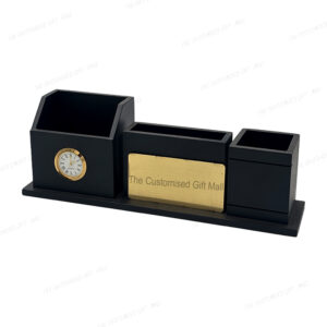 Elegant Wooden Pen Stand with Clock and Laser-Marked Company Branding
