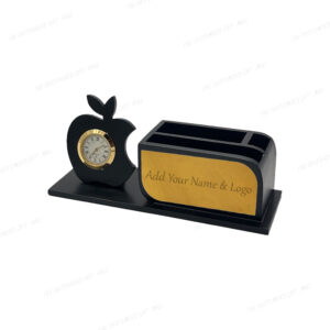Premium Apple-Shaped Wooden Pen Stand with Clock and Laser-Marked Company Branding