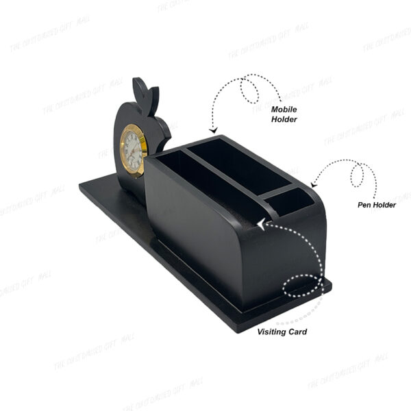 Premium Apple-Shaped Wooden Pen Stand with Clock and Laser-Marked Company Branding - Image 2