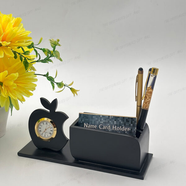 Premium Apple-Shaped Wooden Pen Stand with Clock and Laser-Marked Company Branding - Image 3