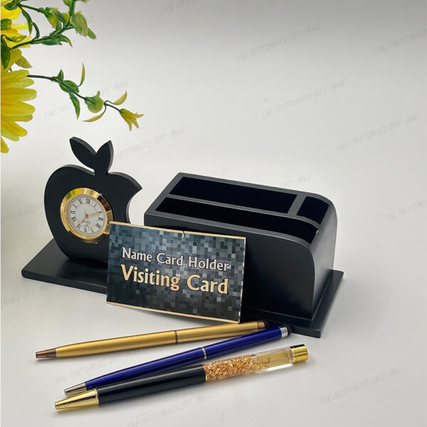 Premium Apple-Shaped Wooden Pen Stand with Clock and Laser-Marked Company Branding - Image 4