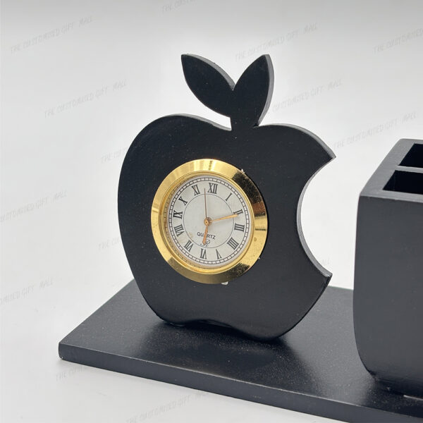 Premium Apple-Shaped Wooden Pen Stand with Clock and Laser-Marked Company Branding - Image 5