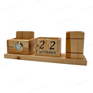 A Perfect Blend of Functionality and Timeless Elegance – Classic Wooden Pen Stand with Clock and Perpetual Calendar