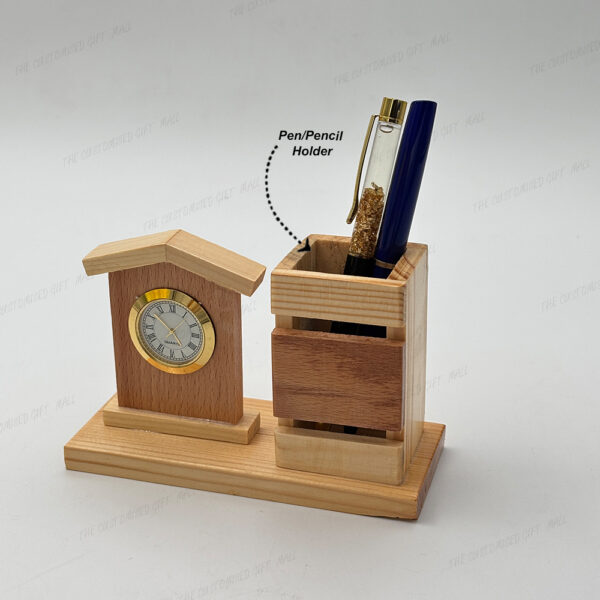A Perfect Blend of Functionality and Aesthetic Charm – Elegant Wooden Pen Stand with Built-in Clock - Image 2