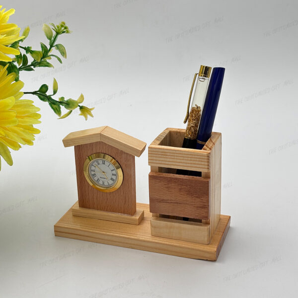 A Perfect Blend of Functionality and Aesthetic Charm – Elegant Wooden Pen Stand with Built-in Clock - Image 3